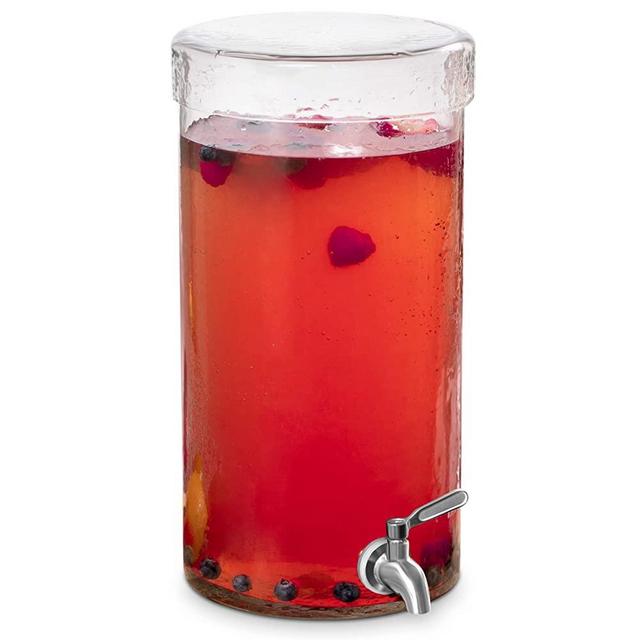 BIRDROCK HOME 1.5 Gallon Beverage Dispenser with Lid - Hammered Glass - Stainless Steel Spigot - Decorative Round Jar for Drinks - Lemonade Sangria Tea Water Drink Jar Jug - Home Parties