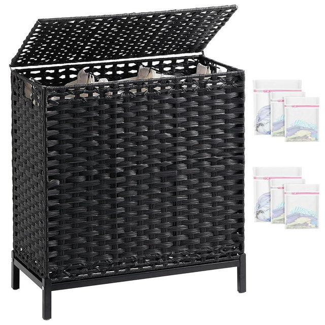 SETVSON Laundry Hamper with Lid 132 L, (35 Gallons) Clothes Hamper with Lid, Handwoven Rattan Laundry Hamper with Metal Heightened Feet, Laundry Hampers with 3 Removable Liner Bags for Laundry-Black