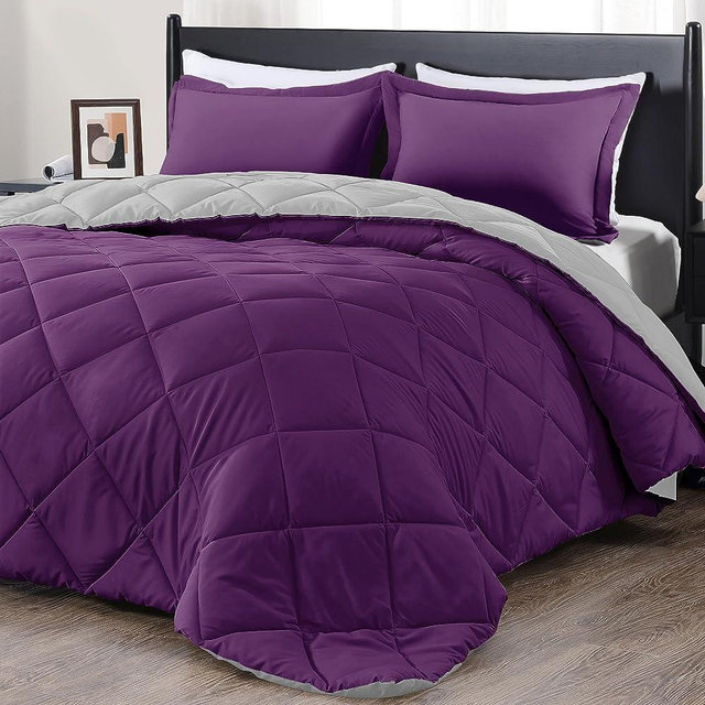 downluxe Queen Comforter Set - Purple and Grey Queen Comforter, Soft Bedding Comforter Sets for All Seasons, Queen Bed Comforter Set - 3 Pieces - 1 Comforter (88"x92") and 2 Pillow Shams(20"x26")