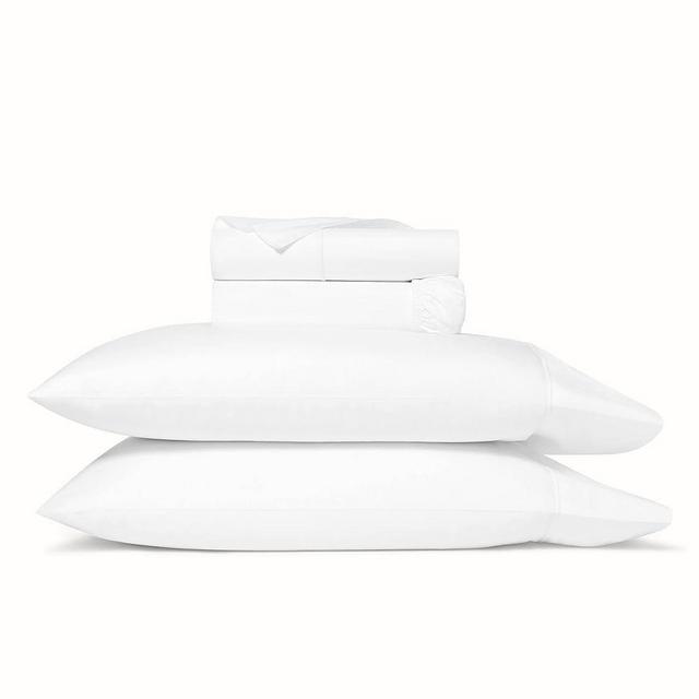 BOLL & BRANCH Signature Embroidered Sheet Set – Luxury 100% Organic Cotton – 1 Soft Sheen Flat Sheet, 1 Fitted Sheet and 2 Pillowcases with Hand-Finished Embroidery, White/White, King + Standard