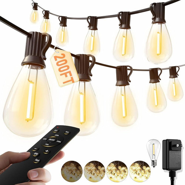 luckystyle 200FT LED Outdoor String Lights with Remote, 74+2 Shatterproof Bulbs Waterproof and Dimmable Patio Lights for Porch, Garden, Backyard, Deck, Balcony, 2700K Hanging Lighting