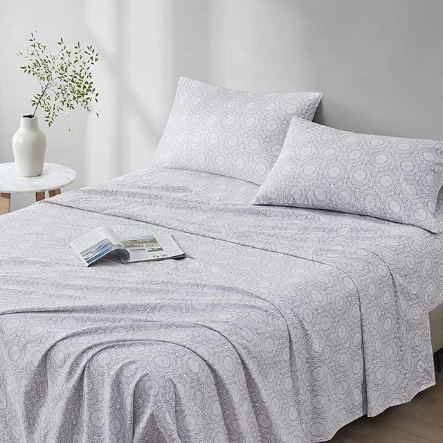 Comfort Spaces 144TC Cotton Sheet Set Breathable, Lightweight, Soft with Elastic Deep Pocket, Modern All Season Cozy Bedding, Matching Pillow Case, Queen, Adelia Gray 4 Piece