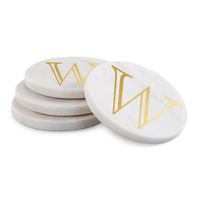Mary Square Monogrammed W Gold Foil 4 inch Marble Round Coasters Set of 4