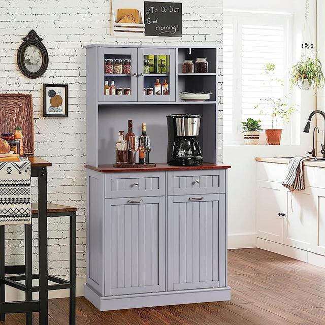 YOCONYO Double Tilt Out Trash Cabinet Storage Cabinet 20 Gallon with Two Solid Wood Hideaway Trash Holder Drawers, Dual Wooden Free Standing Recycling Cabinets Trash Can Bin Kitchen (Gray)