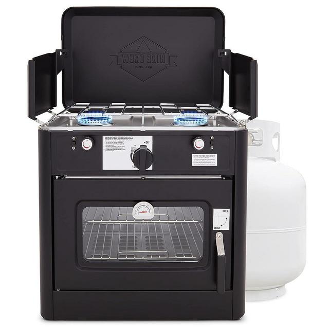 Hike Crew Outdoor Gas Camping Oven w/Carry Bag | CSA Approved Portable Propane-Powered 2-Burner Stove & Oven | Auto Ignition, Overheat Safety Shutoff, Built-In Thermometer | Hose & Regulator Included