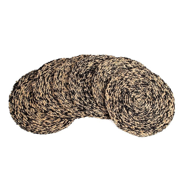 KAZI Essentials Boho Round Woven Placemats – Set of 6, Natural Wicker Raffia Placemats, Braided Heat Resistant Non-Slip Weave, Eco-Friendly Handmade by African Artisans (13" Round, Black & Natural)