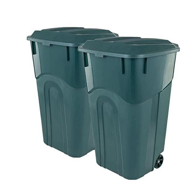 ECOSolutions 32 Gallon Wheeled Outdoor Garbage Can with Attached Snap Lock Lid and Heavy-Duty Handles, ECO Green, Heavy-Duty Construction, Perfect Back Yard, Deck, or Garage Trash Can, Pack of 2