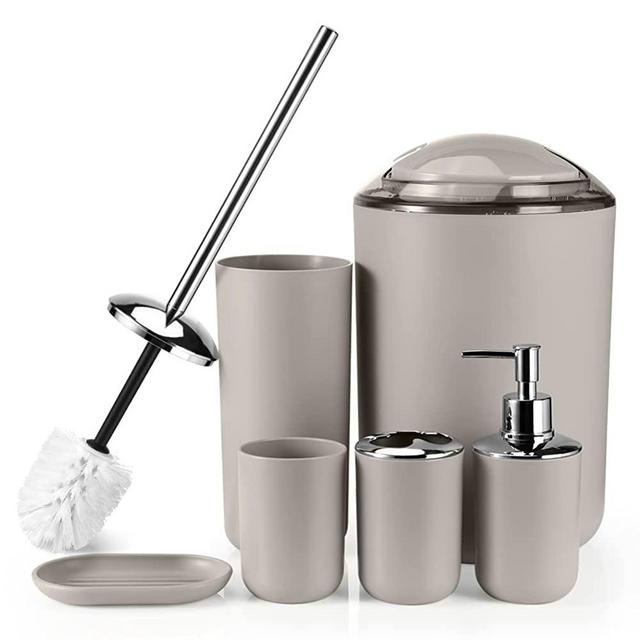 Otostar Bathroom Accessories Set 6 Piece Housewarming Gifts Set Premium Plastic Bathroom Accessory Set Includes Toothbrush Holder Soap Dispenser Tumbler Soap Dish Toilet Brush Holder Trash Can (Beige)