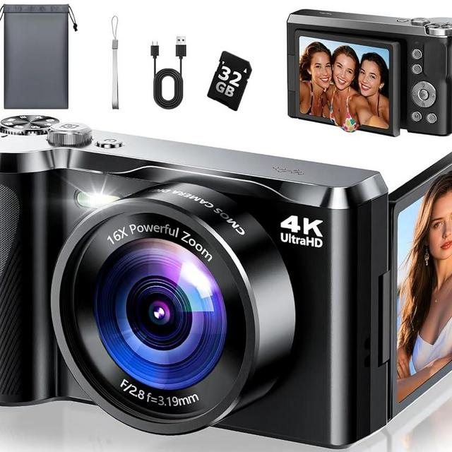 4K Digital Camera for Photography & Travel, 56MP Autofocus Vlogging Camera with 3" 180° Flip Screen, 16X Zoom, Compact Point and Shoot Camera for Beginners and Teens, 32GB Card Included