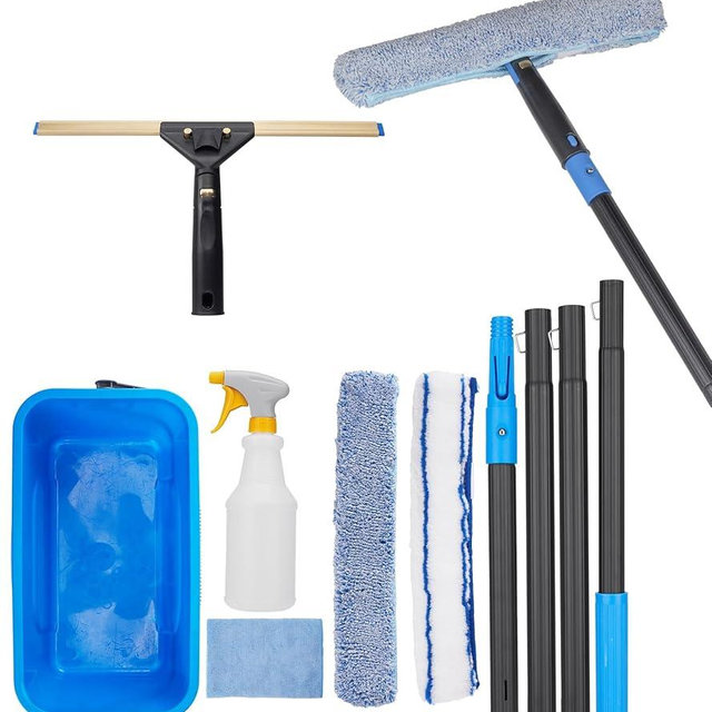 Window Cleaning Kit with Storage Bucket, Window Squeegee with 4.13ft Extension Pole, Scrubber, Spray Bottle,Duster Cloth, Squeegee with Rotating Head, Professional Window Cleaning Tools