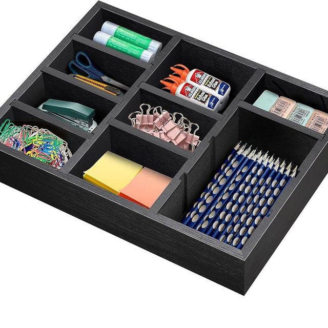 TEESSFROOD Desk Drawer Organizer Tray with 9 Adjustable Compartments, Wooden Office Desk Accessories Supplies Organization Storage for Desktop Bathroom Vanity Makeup Black
