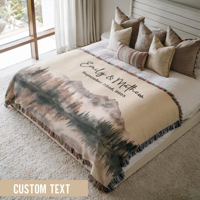 Personalized Nature Woven Blanket, Custom Cotton Throw With Mountains And Wildflowers, Wedding Gift For Outdoorsy Couple, Anniversary Decor