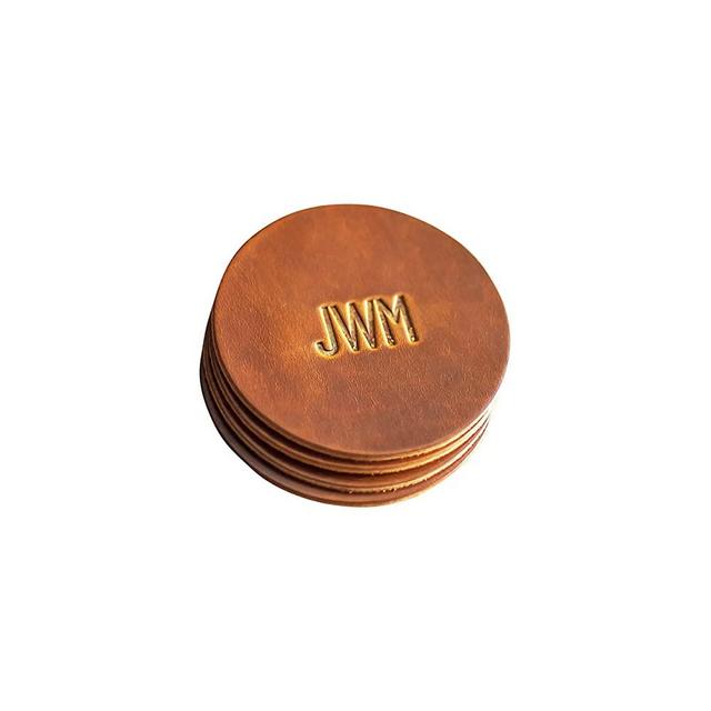 Ox & Pine Personalized Leather Coaster 4 pk - Customize Inscription- 100% Full-Grain Leather – 4" Round – Limited Edition Colors