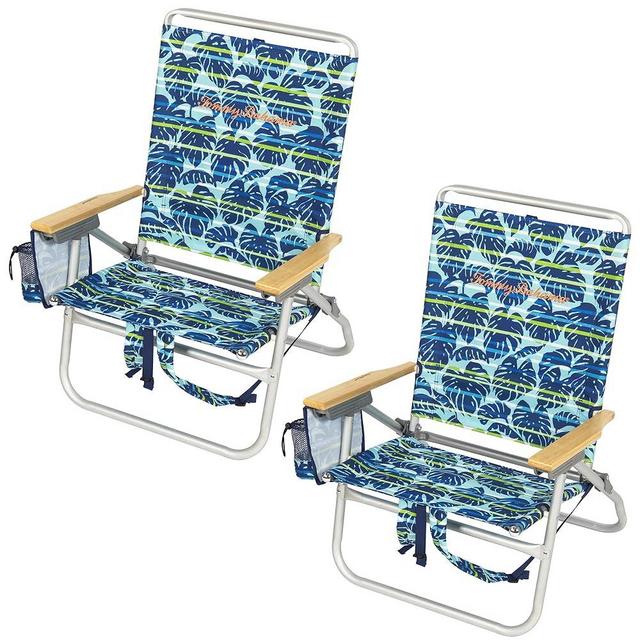 Tommy Bahama 2-Pack 4-Position Extended 12.8" seat Height Easy in-Easy Out Folding Backpack Beach Chair, Blue Tropical Leaves