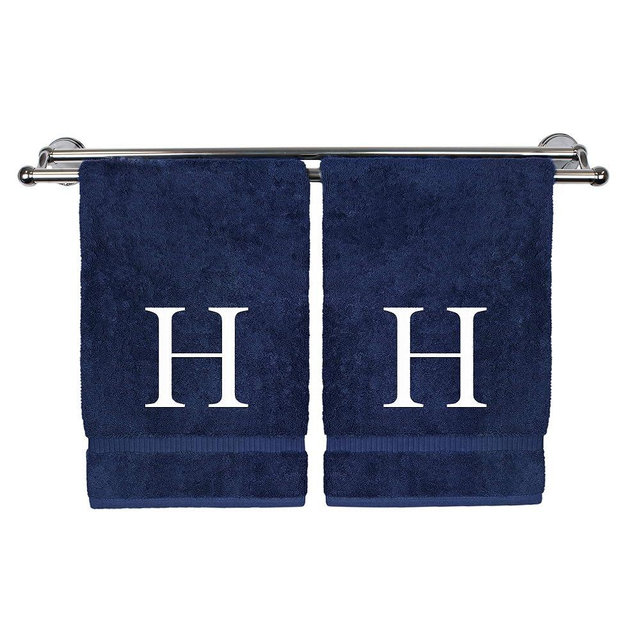 Monogrammed Hand Towel, Personalized Gift, Set of 2- White Block Letter Embroidered Towel - Extra Absorbent 100% Turkish Cotton - Soft Terry Finish - Initial H Navy