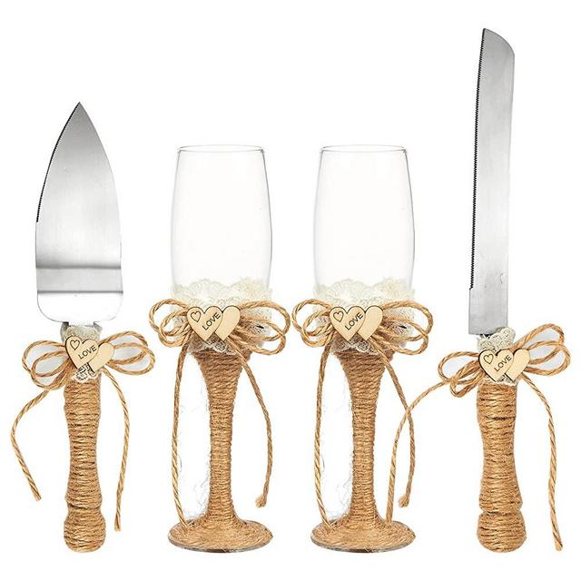 4-Piece Wedding Supplies - Cake Knife, Pie Server Set and Wedding Champagne Glasses Set, 2 Toasting Champagne Flutes, 1 Pie Server and 1 Cutting Knife, Rustic Bride Groom Gifts with Jute Handles