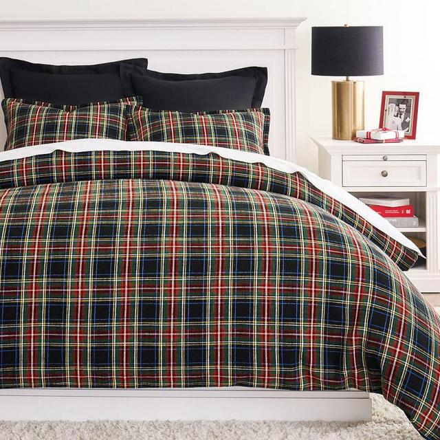 Black Stewart Plaid Cotton Duvet Cover, King/Cal. King
