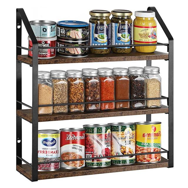 Spice Rack Organizer Hanging Kitchen Spice Storage Shef 3 Tier Wall Mount Seasoning Organizer for Bathroom, Pantry, and Living Room, Rustic Brown 