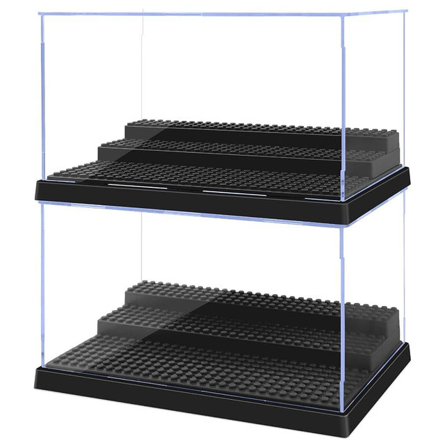 Pokiiulk Display Cases for Minifigures, 2 Mini-Figure Display Boxes Fits for Block Figures, Minifigures Cases with 3 Removable Stands Fits for Lego 95% Minifigs, Characters and Lego People, L, Black