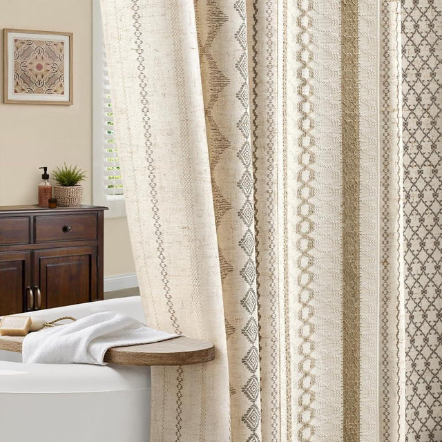 NDDYCU Boho Linen Shower Curtain for Bathroom,with Striped Print and Twine-Inspired Woven Center,72" W x 72" L,Beige