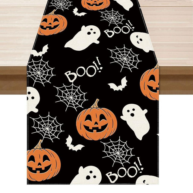 XCHI Boo Spooky Ghost Pumpkin Halloween Table Runner Burlap Table Decoration for Home Kitchen Dining Dinner Indoor Holiday Farmhouse Decor 13x72 Inch