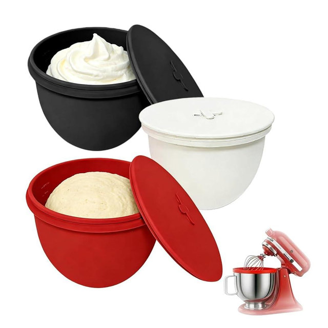 MYBWTW Silicone Bowl Liners for KitchenAid 5-Qt Tilt-Head Stand Mixer - 3 Pack (Red, Black, White), 2mm Extra-Thick Food-Grade Silicone with Air Valve Lids for Dough Proofing (Not for Bowl-Lift)