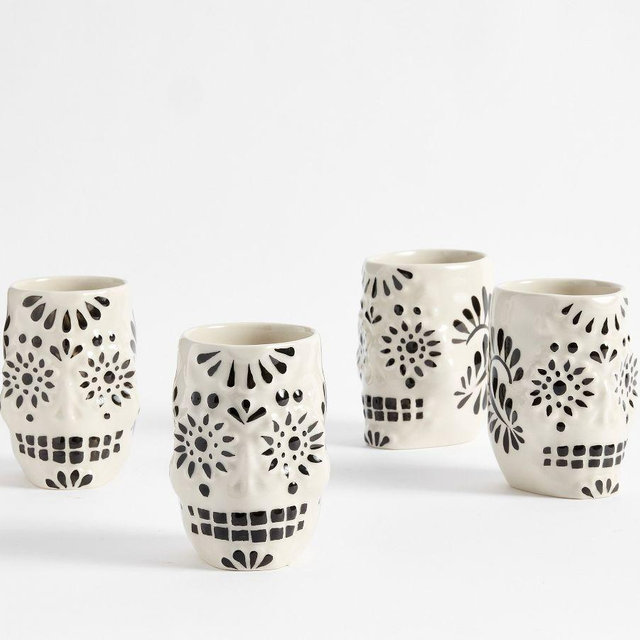 Puebla Sugar Skull Cantarito Jars, Set of 4 - Black/White