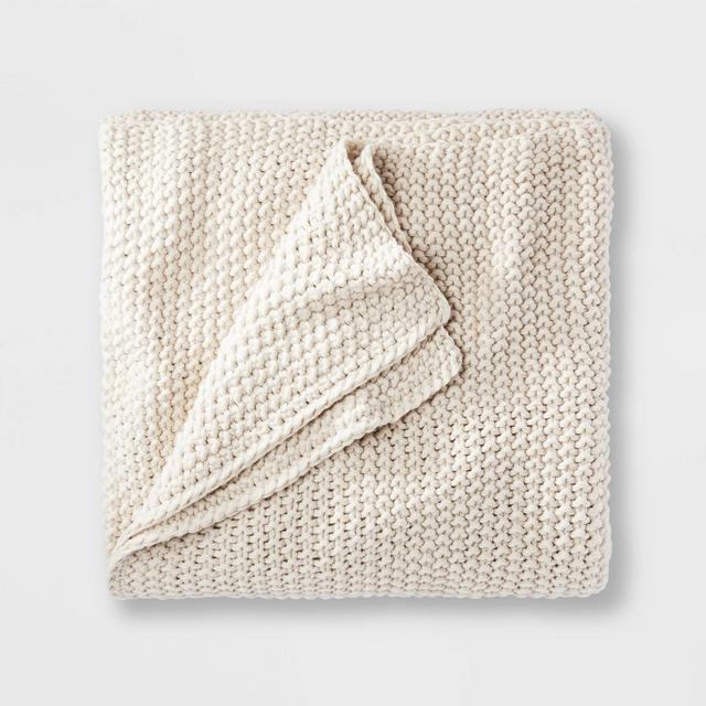 Full/Queen Chunky Knit Bed Blanket Natural - Casaluna™