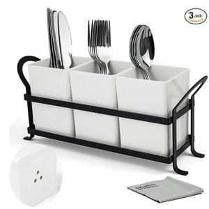 Cutlery Holder with Drain Holes, Silverware Caddy for Party Countertop, 3pcs Bins Set Utensil Holders for Spoon and Fork, White