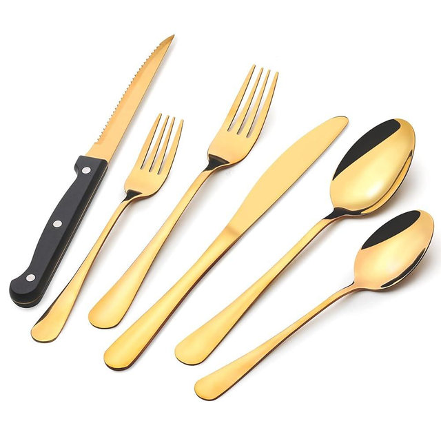 48-Pack Gold Silverware Set with Steak Knives, Stainless Steel Tableware Cutlery Spoons Forks Kit, For Buffet Kitchen Restaurant Hotel, Kitchen Flatware Utensils Set, Mirror Polished