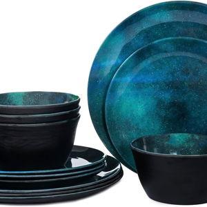 Melamine Dinnerware Sets for 4, 12pcs Plates and Bowls Sets for Daily Use, Dishwasher Safe, BPA-free, Teal Green