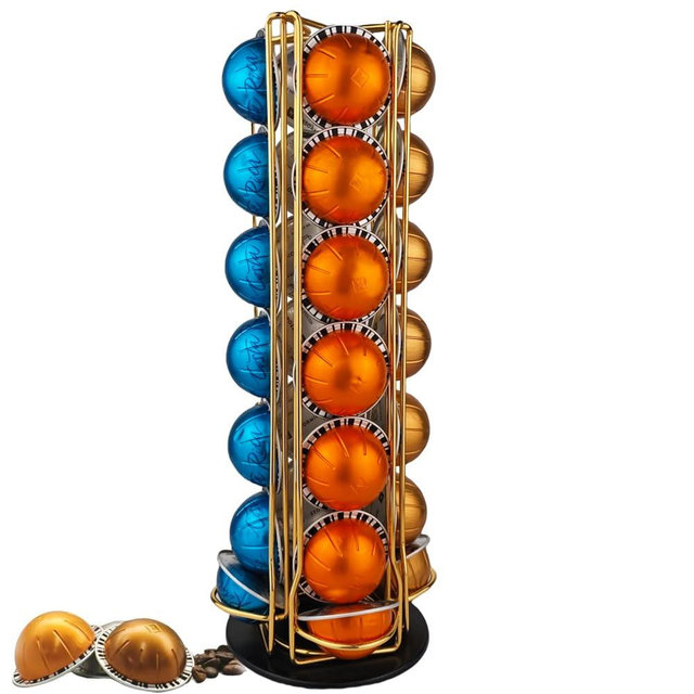 Meelio Vertuo Pod Holder Carousel Stand for 28 Nespresso Vertuo Capsule Storage Organizer with Extra Space for Coffee Mate Silent Rolling，Gold