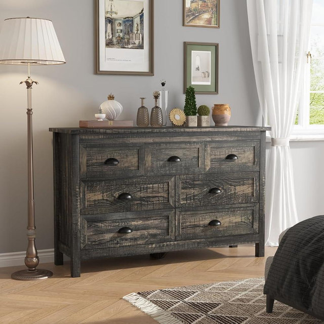 Wananlanen Farmhouse 7 Drawer Dresser for Bedroom, Antique Double Dresser & Chests of Drawer with Vintage Handle and Storage, Wood Rustic Dresser Organizer for Hallway(Dark Rustic Oak)
