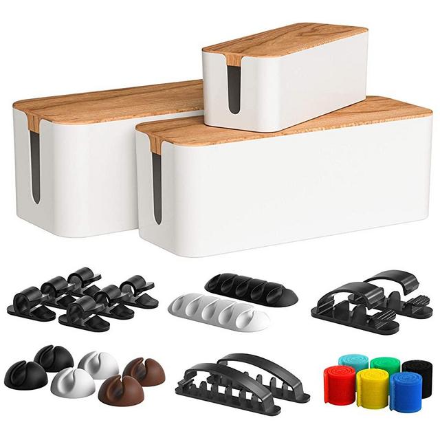 Cable Management Box 3 Pack with 16 Cable Clips Set-Large & Medium & Small Wooden Style Cable Organizer Box to Hide Wires&Power Strips | Cord Organizer Box | Cable Organizer for Home & Office [White]