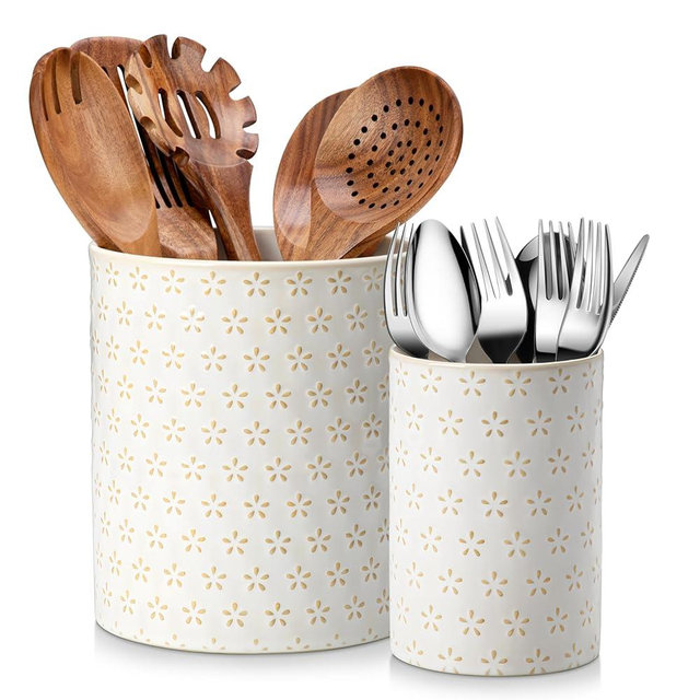 MALACASA LYDIA Ceramic Utensil Holders, 7.3"+5.5" Kitchen Utensil Crock Set for Countertop, Large & Small Utensil Organizers for Cooking Tools, Five-Leaf Grass Pattern