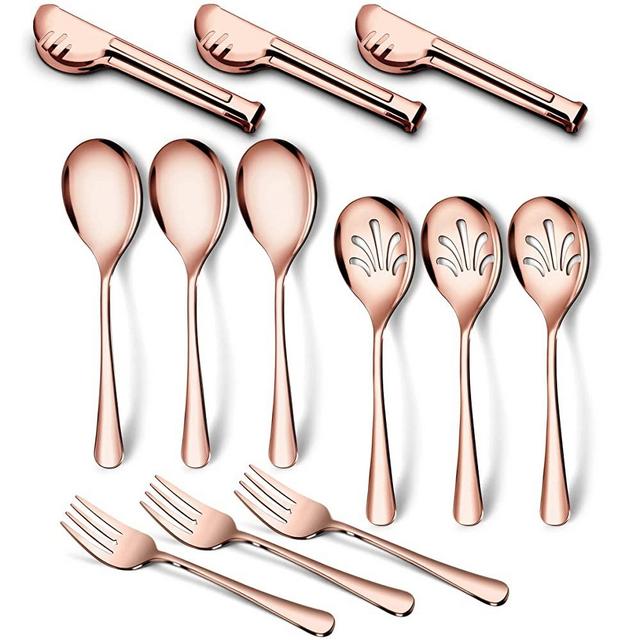 Stainless Steel Metal Serving Utensils - Large Serving sets - 10" Spoons, 10" Slotted Spoons, 10" Forks and 9" Tongs by Teivio (Rose Gold, 12 - Pieces)