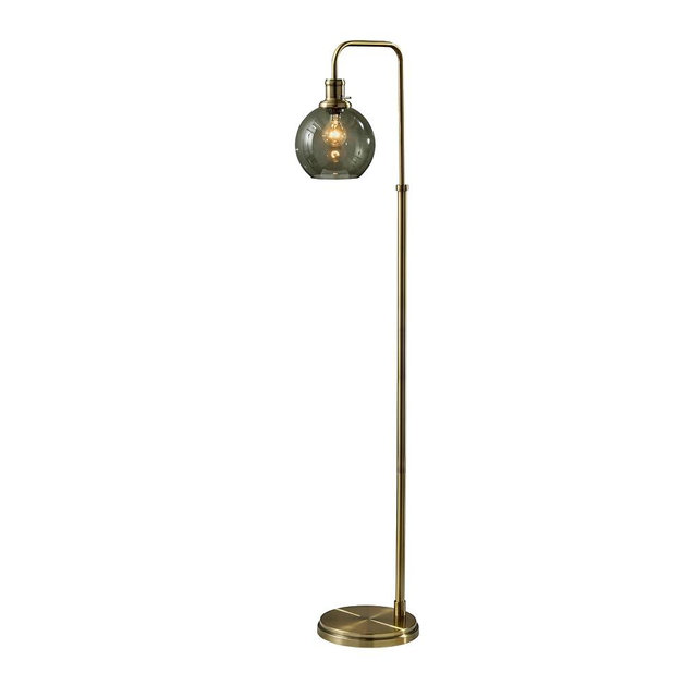 Adesso Globe Smoked Glass Floor Lamp with Antique Brass Finish – 60” Tall, Compact 10.5” Wide Base