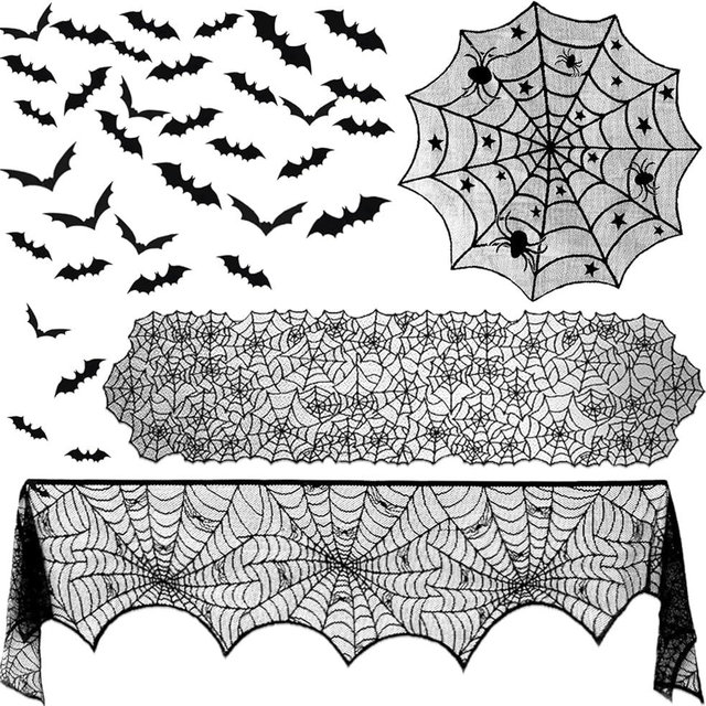 ZeeDix 39 Pcs Halloween Decorations Kit Black Lace Spiderweb Round Tablecloth Table Runner, Giant Spider Cobweb Fireplace Scarf with 36PCS Scary 3D Bats Wall Stickers for Halloween Party Decor