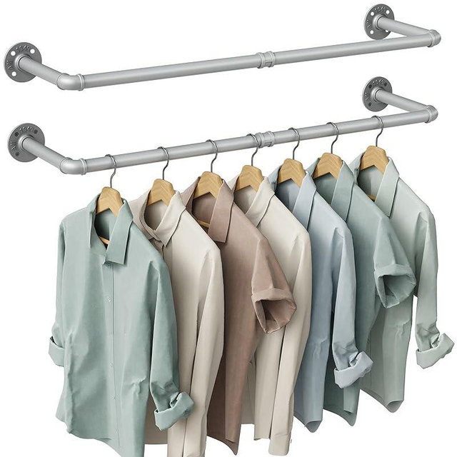 OROPY Industrial Pipe Clothes Rack Wall Mounted Set of 2, 38.4 inches Heavy Duty Iron Pipe Clothing Garment Rail, Multi-Purpose Clothing Hanging Rod for Laundry Room and Closet Storage, Silver Gray