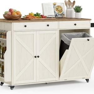 VASAGLE Mobile Kitchen Island with Trash Can Storage, Drop Leaf, Portable Island with Spice Rack, Mobile Cart with Storage Cabinet, for Dining Room, Rustic White and Honey Brown UKKI014WJ01S