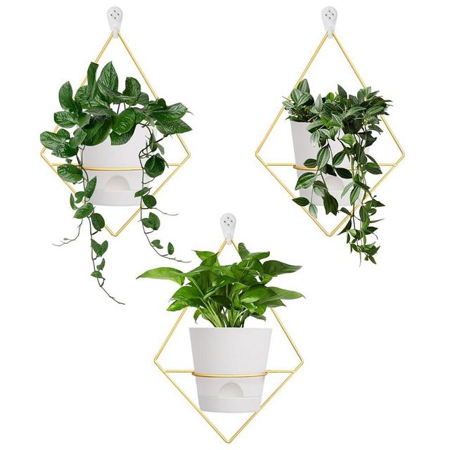 Koalaime 3 Sets of Wall Planters for Indoor Plants, Hanging Wall Planter with Gold Metal Holder, Geometric Self Watering Wall Flower Pots, Wall Mounted Succulent Planter, 5" White Plant Pot