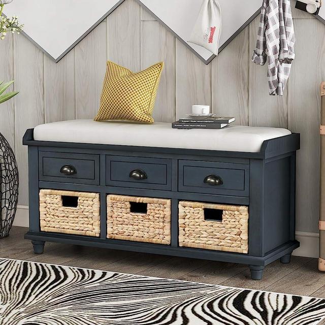 P PURLOVE Rustic Entryway Storage Bench with 3 Drawers and 3 Rattan Baskets Shoe Storage with Removable Cushion for Living Room, Entryway