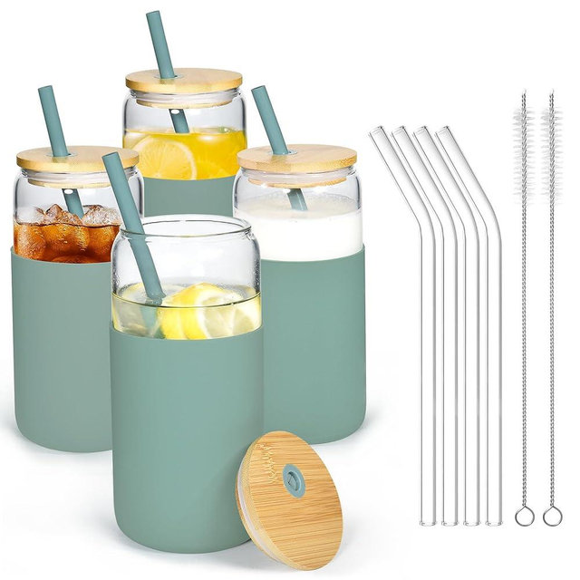 Icesip 20oz Drinking Glasses Cups Set of 4 Beer Can Shaped Drinking Glasses with Silicone Protective Sleeve Straw Bamboo Lid Iced Coffee for Coffee Smoothie Boba Tea(Green*4)
