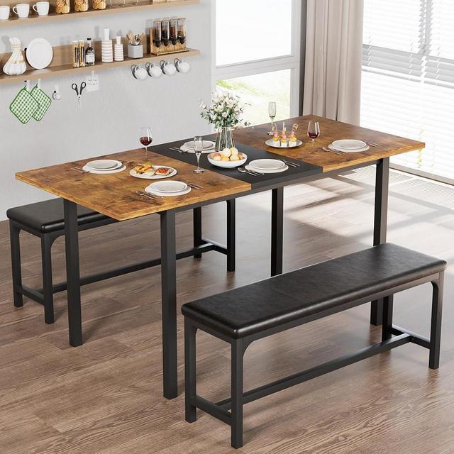 VECELO 3-Piece 63" Extendable Kitchen Table with Benches/Chairs, Modern Breakfast Dinette/Dining Room Set for 4/6/2, Small Space Saving Design, Easy Assembly