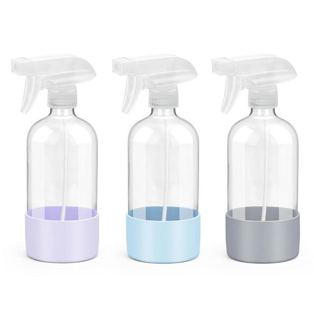 Rionisor Glass Spray Bottles with Silicone Sleeve Protection, Empty 16 oz Refiilable Containers, Reusable Spray Bottles with Adjustable Nozzle for Hair, Cleaning Solutions, 3 Pack Grey&Blue&Purple