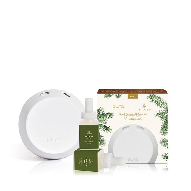 Thymes Pura 4 Diffuser Kit - Smart Home Fragrance Diffuser - Includes Pura Air Freshener + 2 Pura Diffuser Refills - Fragrance Diffusers for Home (Frasier Fir Pura Scent Diffuser)
