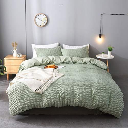 M&Meagle 3 Pieces Green Duvet Cover Textured Set with Zipper Closure,100% Washed Microfiber Seersucker Fabric,Luxury Hotel Quality Bedding-Queen Size(1 Duvet Cover 2 Pillowcases)