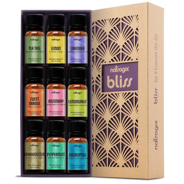 Natrogix Bliss Essential Oils - Top 9 Therapeutic Grade 100% Pure Essential Oil Set 9/10ml (Tea Tree, Lavender, Eucalyptus, Frankincense, Lemongrass, Lemon, Rosemary, Orange, Peppermint) w/Free E-Book