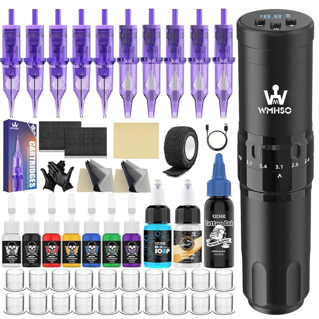 Wireless Tattoo Gun Kit for Beginners Artists - Complete Set with 1500mAh Battery, Practice Skin, Cartridges & Inks for Home Learning