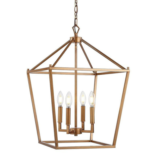 JONATHAN Y 16" Antique Gold Lantern Pendant Light, 4-Light Pagoda Style Metal Cage Farmhouse Hanging Ceiling Fixture for Kitchen Island, LED Bulb Included (JYL7437B)